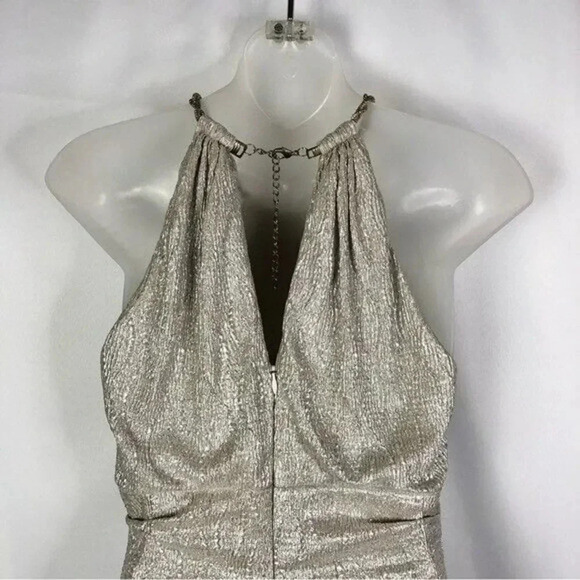 XScape High Neck Halter Metallic Champagne Ruched Formal Gown 4 - Picture 6 of 7